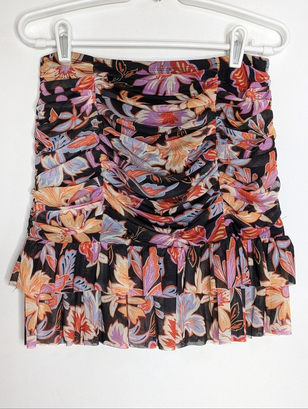 NWT Chelsea & Violet Black Orange Purple Floral Ruched Chiffon Mini Skirt M